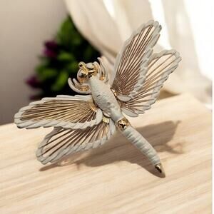 Monet Dragonfly Brooch Ivory Enamel Gold – Spinneret Collection Nature Motif